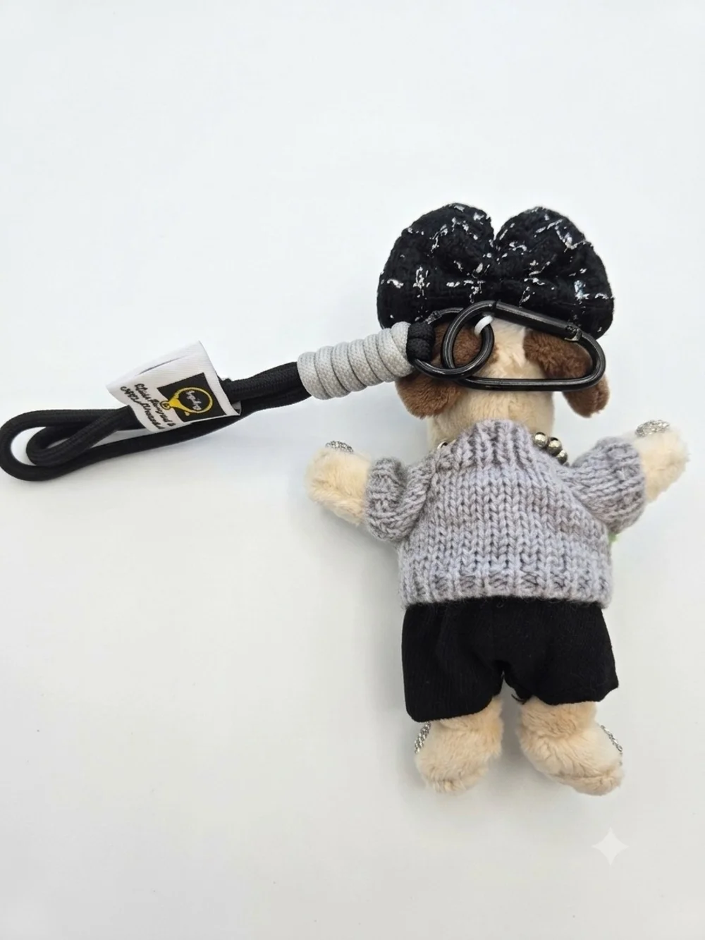 Plush Dog Bag Charm in Gray Sweater with Black Bow